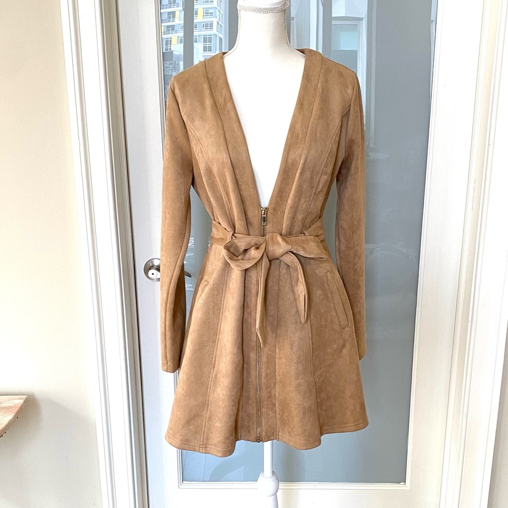 SUEDE DEEP V ZIPPER FRONT BEIGE TAN TAUPE DRESS JACKET WITH  BELT